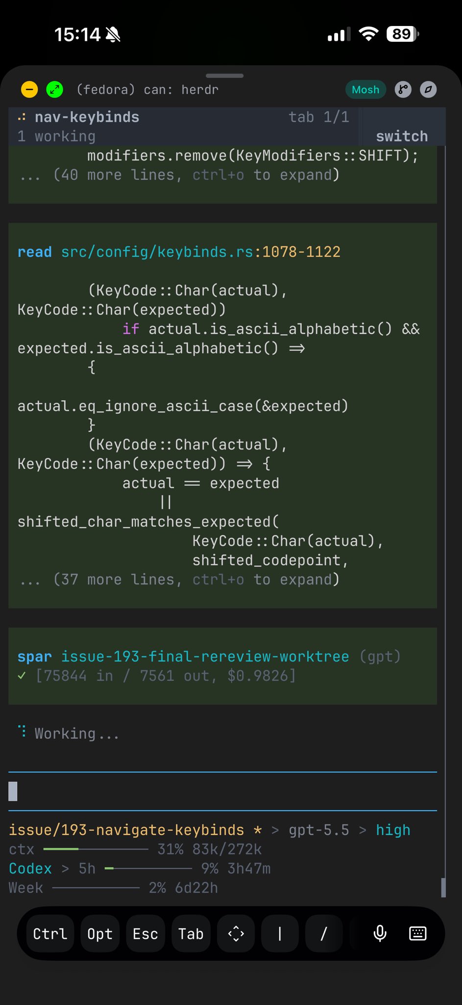 Nagi agent session over SSH on a phone